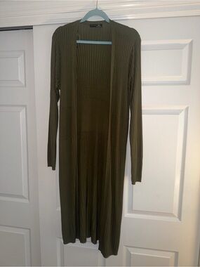 Long Olive Green Open Cardigan Sweater Topper
